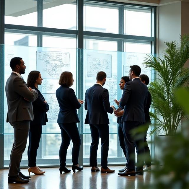 A diverse team of professionals in a modern Johannesburg office space discussing a strategy map on a digital wall