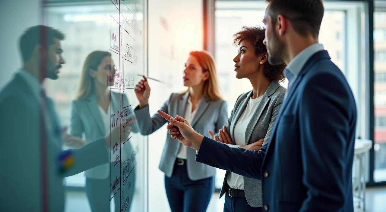 Diverse team in Johannesburg collaborating on a whiteboard
